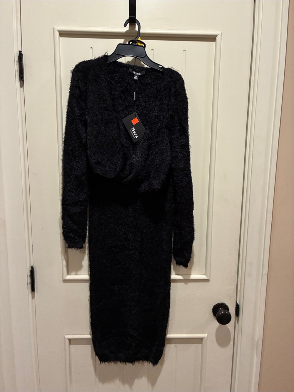 2 Piece Hera Black Fuzzy Long Sleeve Midi Skirt and Bolero Sweater